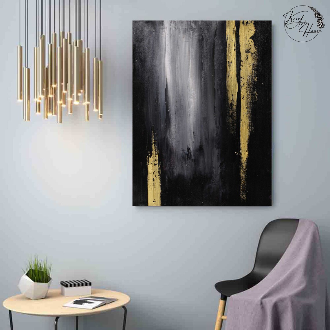 Black Gold Vertical Stripe Modern Abstract Painting Luxury Wall Poster - Image 2