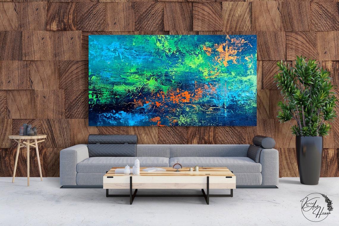 Blue Green Orange Vibrant Textured Abstract Horizontal Art Poster - Image 2