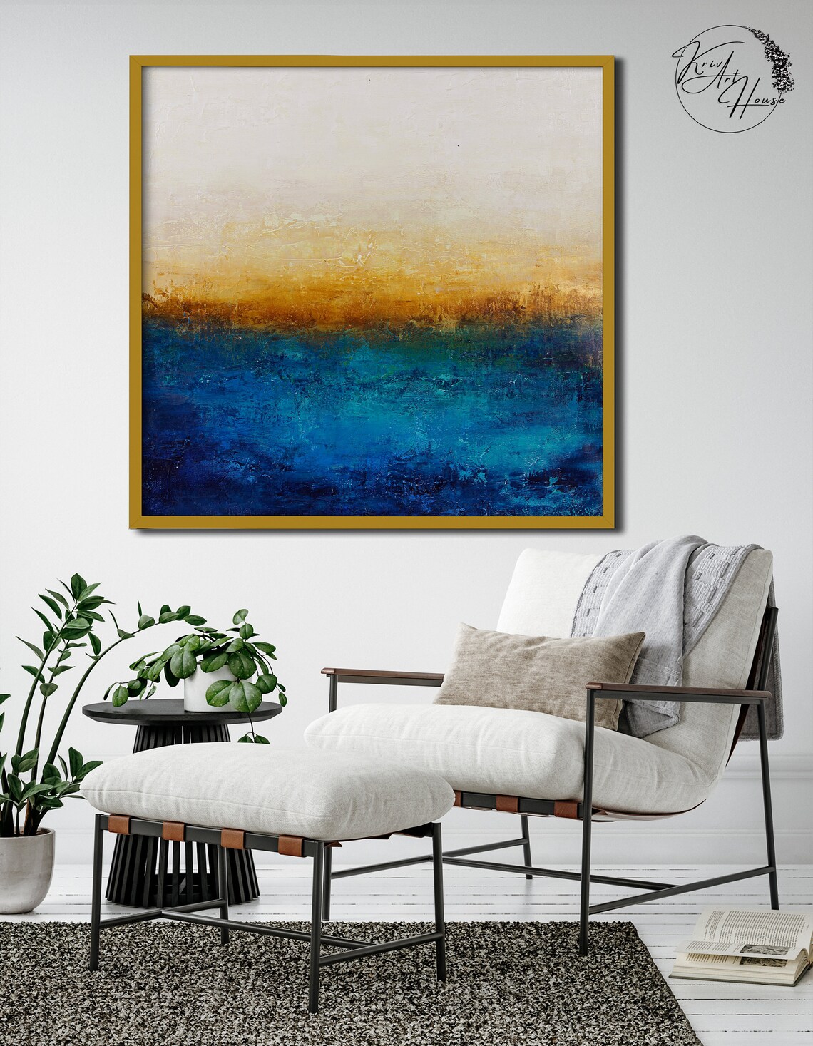 Original Acrylic Painting On Blue Painting Gold Painting Textured Abstract Painting Large Wall Art Dcor Oil Knife Painting - Image 4