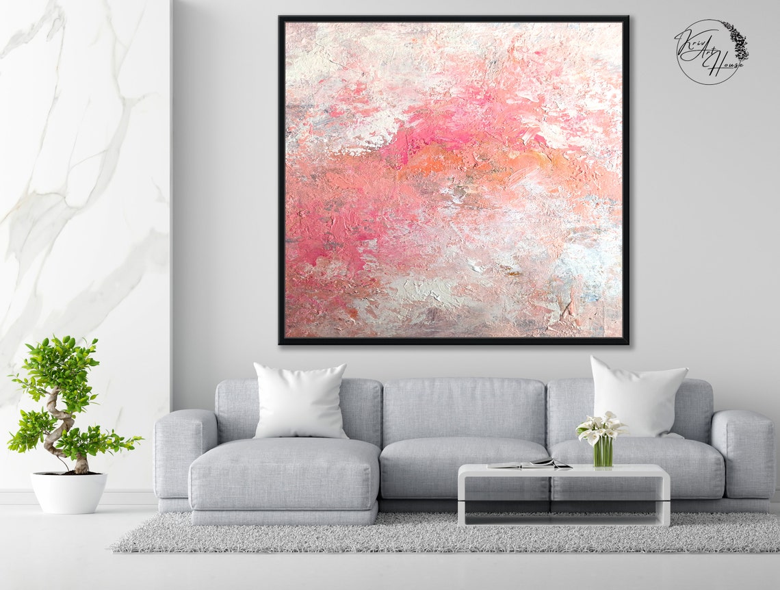 Coral Pink Textured Impasto Abstract Modern Gold Frame Wall Art - Image 2
