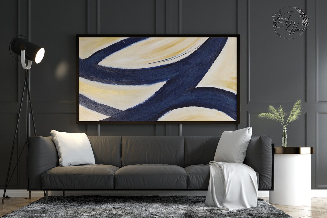Navy Blue and Cream Modern Line Art Abstract Minimalist Poster - Image 2