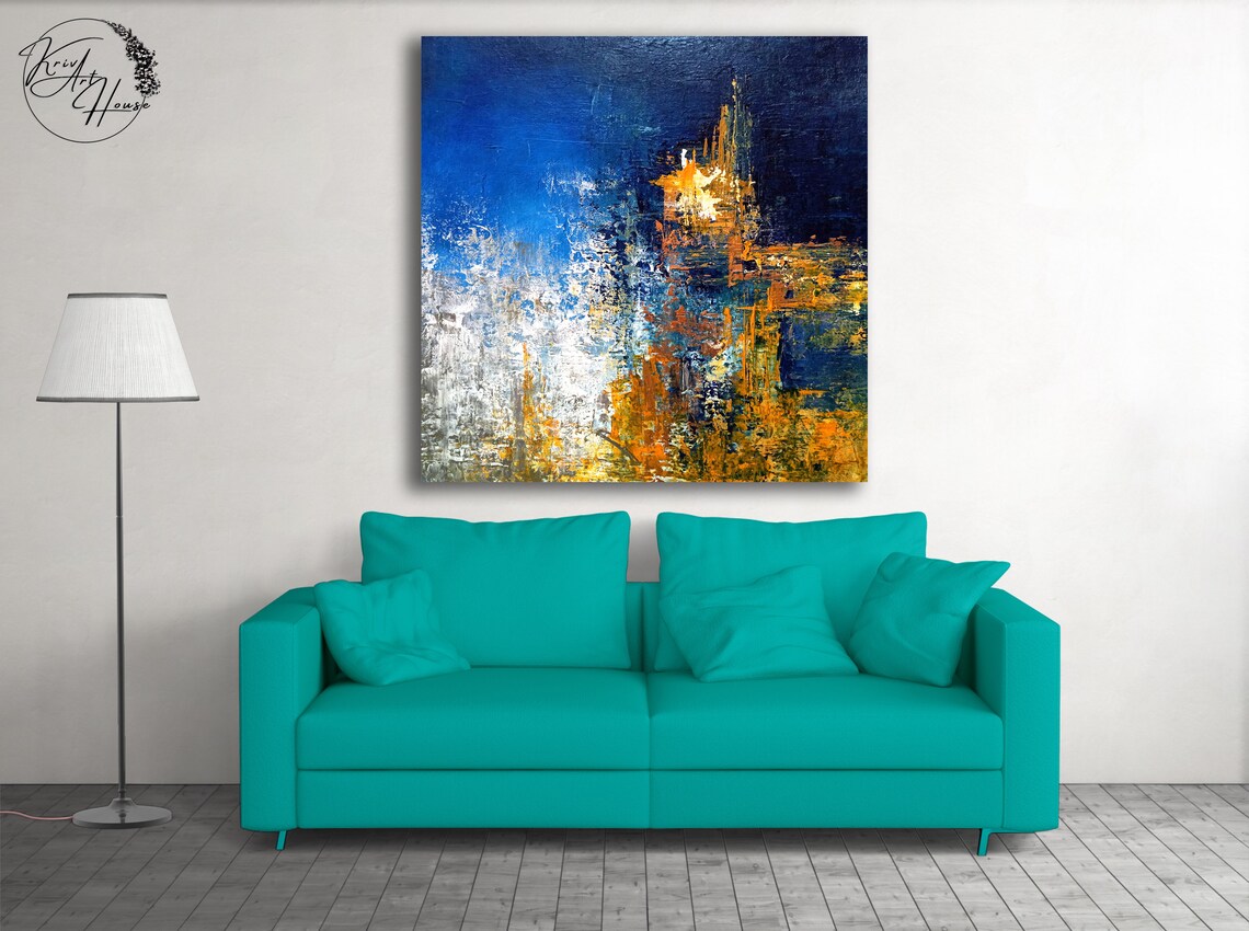 Blue Gold Abstract Fiery Orange Bursts Textured Canvas Art Poster - Image 3