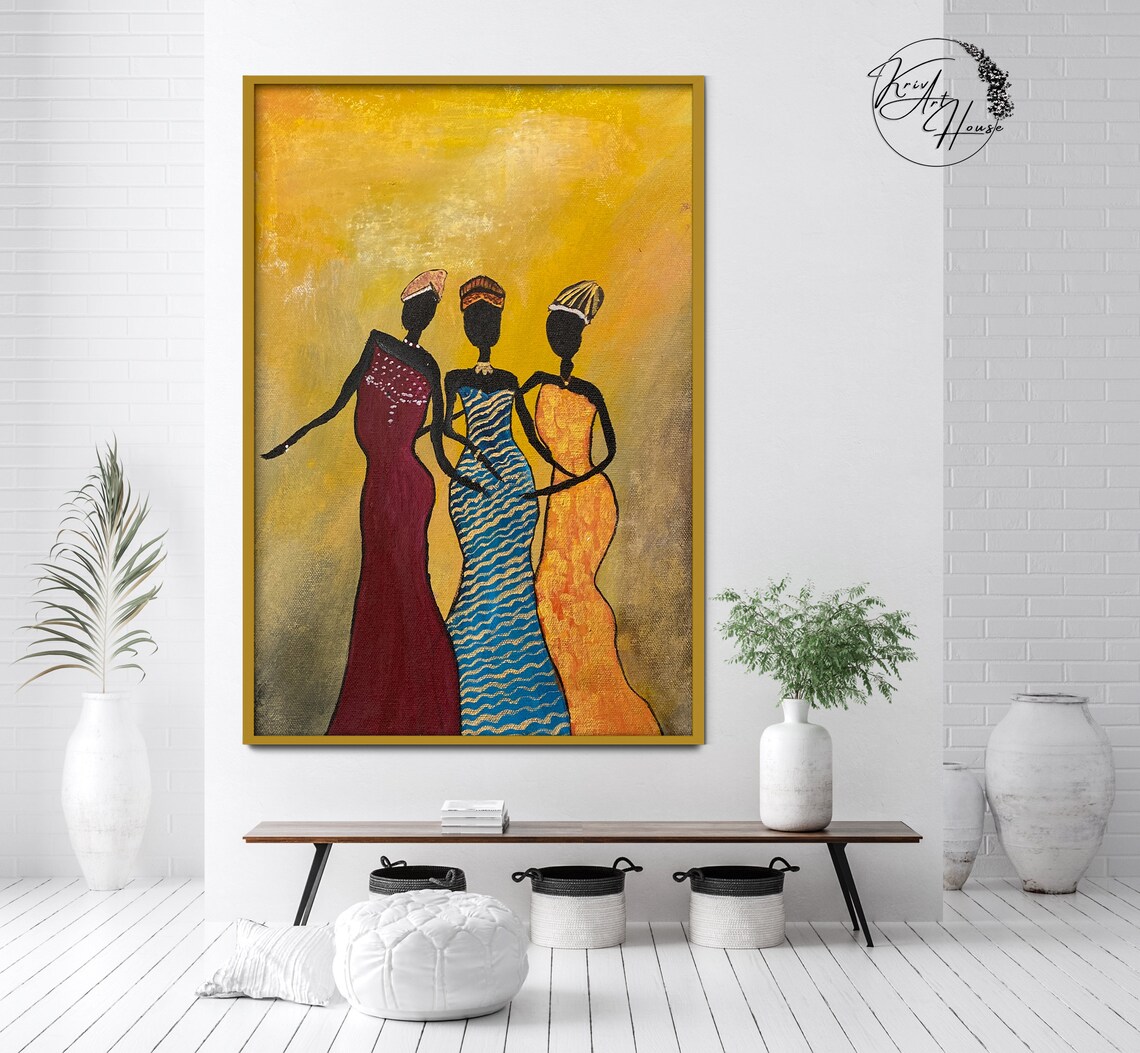 Three African Women Colorful Dresses Golden Cultural Art Wall Poster - Image 2