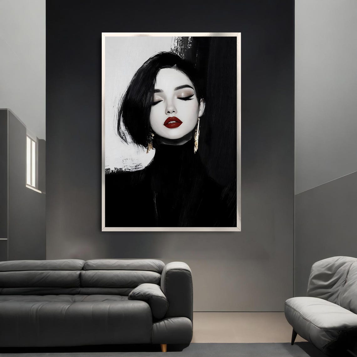Black White Woman Red Lips Gold Minimalist Fashion Art Poster - Image 3