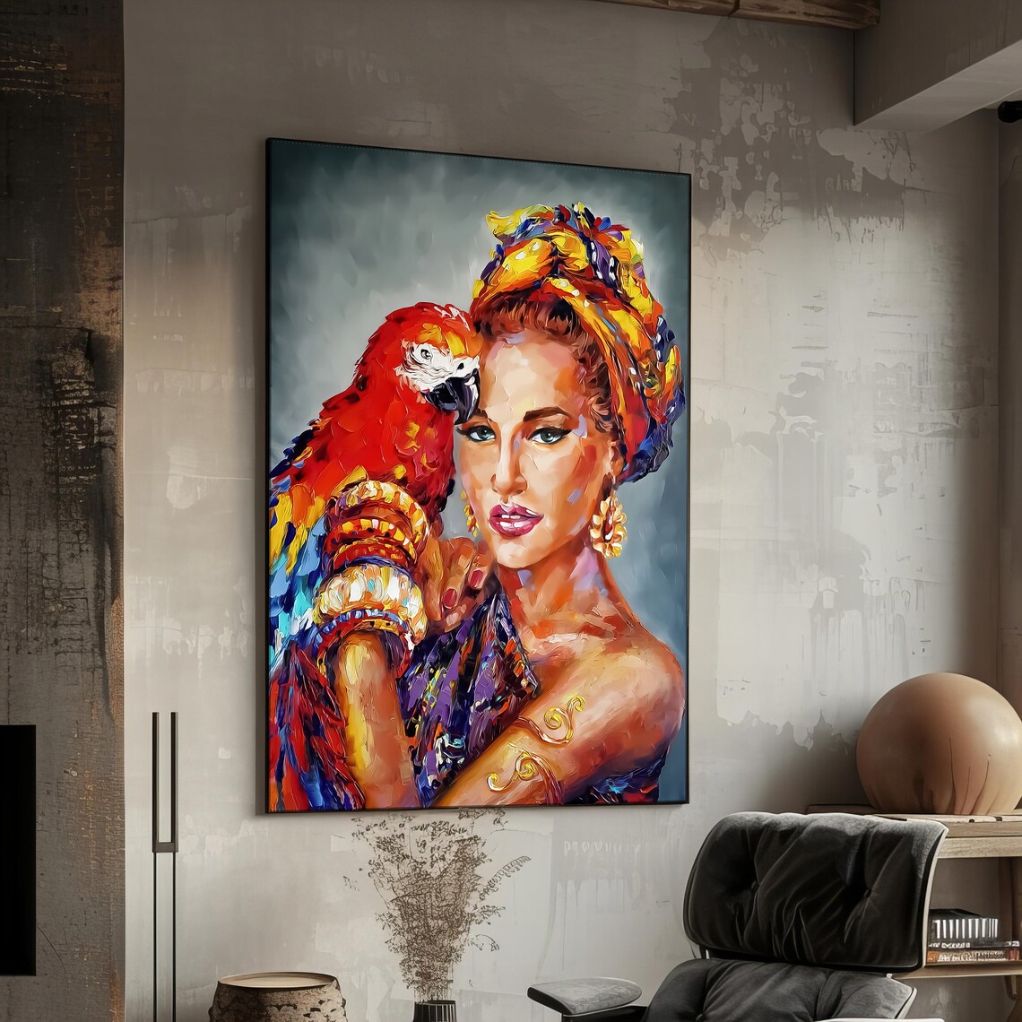 Colorful Woman Portrait With Red Macaw Parrot Turban Oil Art Print
