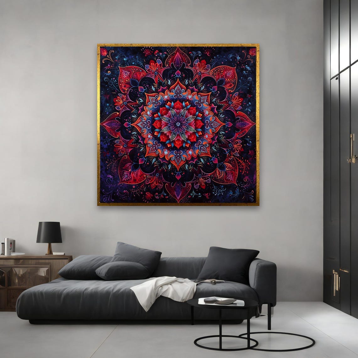 Vivid Red Purple Mandala On Dark Navy Glowing Bohemian Zen Wall Poster - Image 3