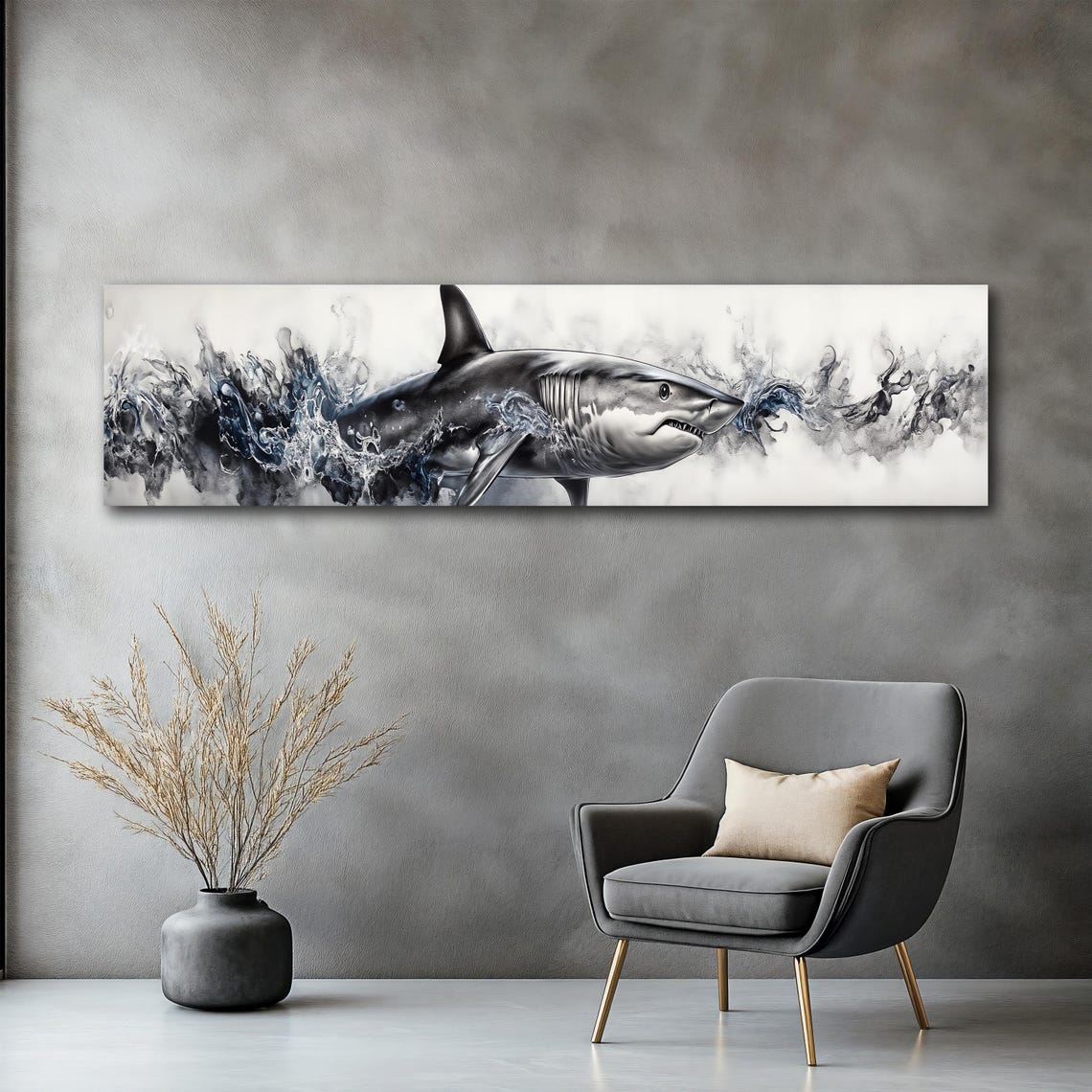 Great White Shark Ink Splash Panoramic Ocean Animal Art Poster - Image 2