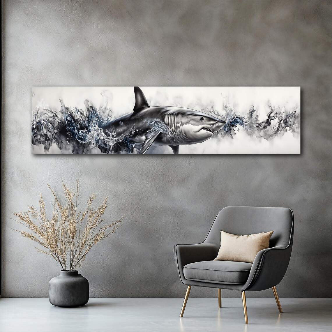 Shark Wall Art Ocean Animal Painting Large Horizontal Print Modern Coastal Decor Shark Unique Gift Idea - Image 2