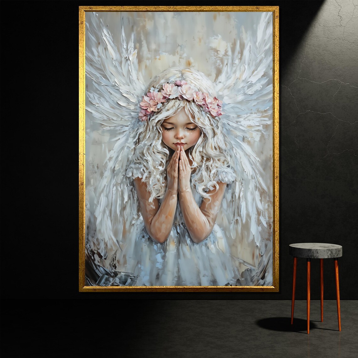 Praying Angel Girl Painting Guardian Angel Wall Art Spiritual Angel Decor Elegant Religious Artwork Gift For Home Church