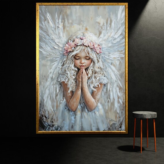 Praying Angel Girl Flower Crown Soft White Wings Portrait Wall Poster