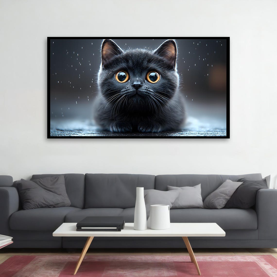 Black Kitten Amber Eyes Rain Moody Close-Up Animal Portrait Poster - Image 2