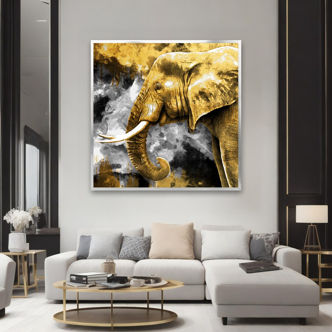 Majestic Golden Elephant Portrait Luxury Wildlife Painting Large Wall Poster - Image 2