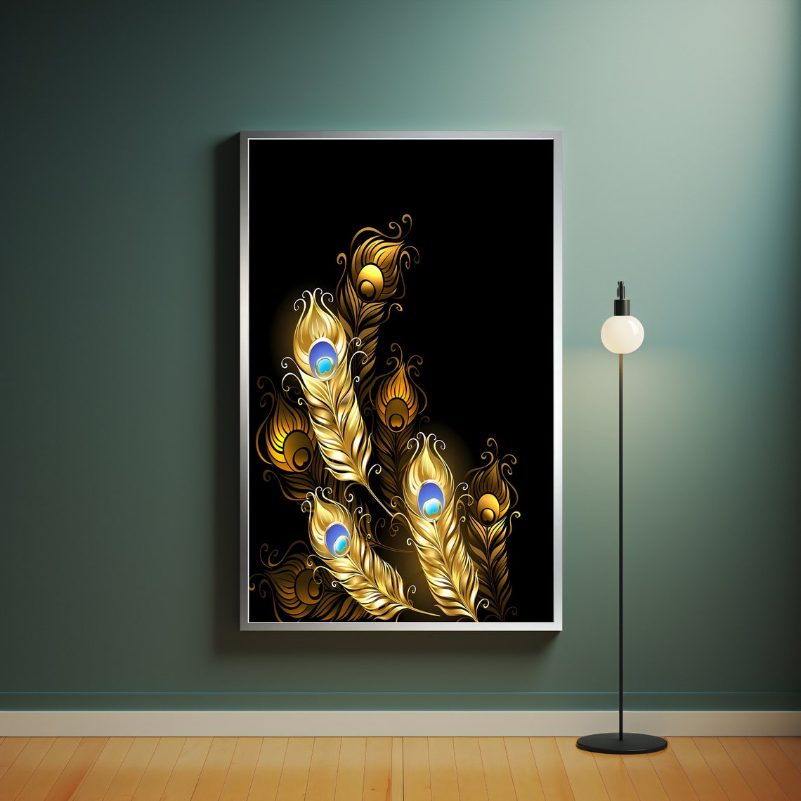 Golden Peacock Feathers On Black Elegant Luxury Wall Art Poster - Image 4