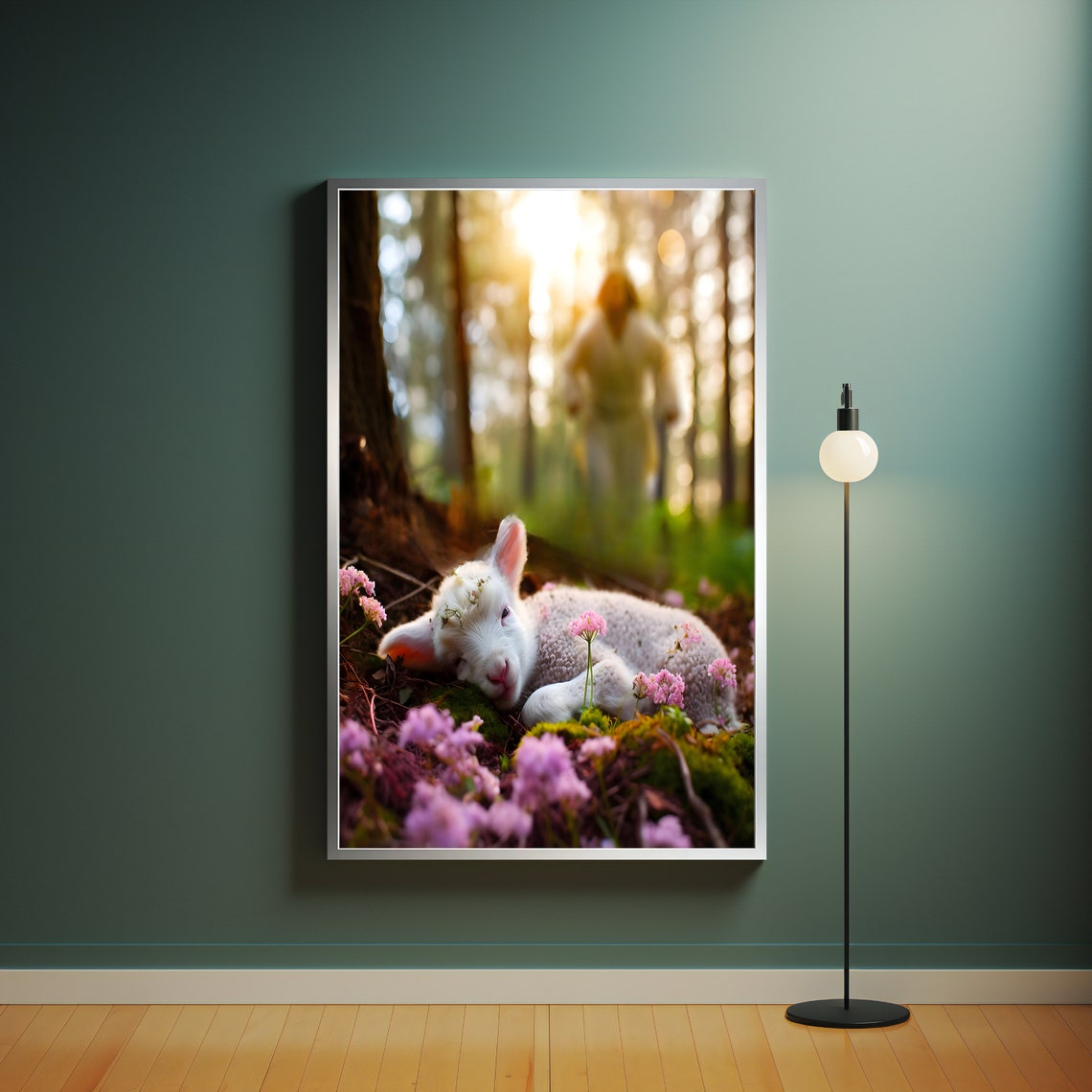 Jesus Lost Sheep Lamb Resting In Spring Forest Flowers Wall Art - Image 4