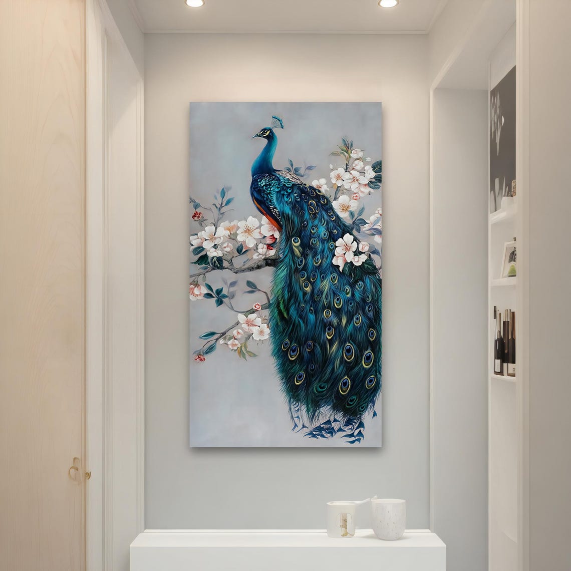 Elegant Peacock Perched on Cherry Blossom Branch Floral Art Poster - Image 4