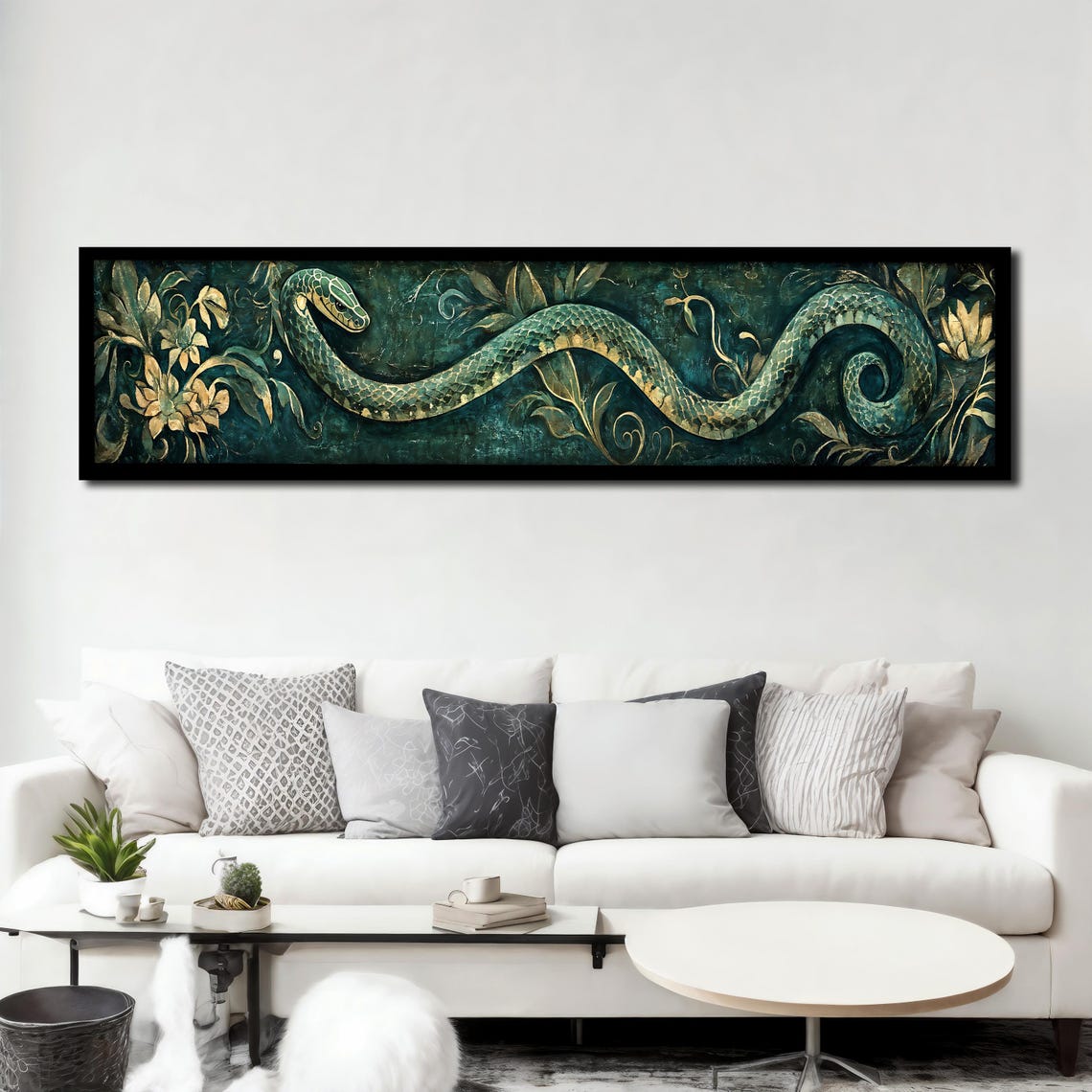 Emerald Green Snake Gold Botanical Flowers Panoramic Wall Art Poster - Image 3