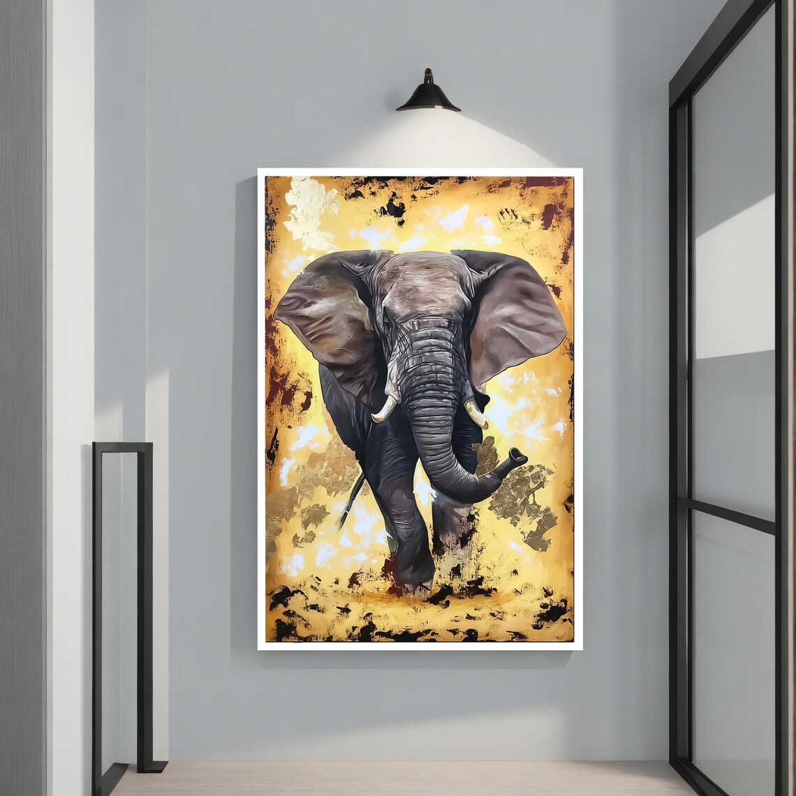 African Elephant Charging Golden Savanna Background Wildlife Art Poster - Image 2