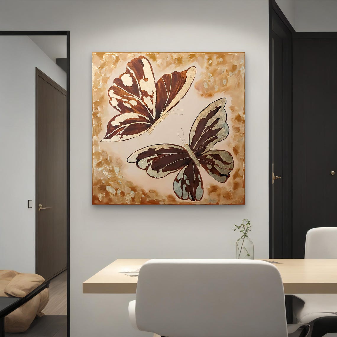 Two Brown Butterflies Gold Accents Warm Beige Nature Art Poster - Image 4