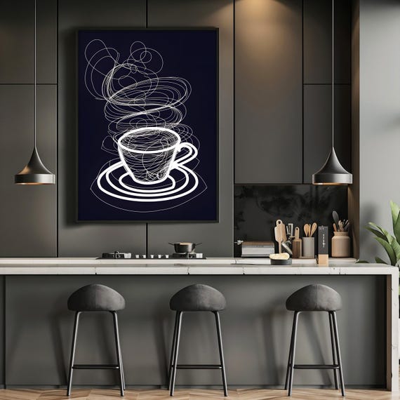 Modern Abstract Coffee Cup Wall Art Minimalist Line Art Print Black And White Kitchen Decor Ready To Hang Unique Gift