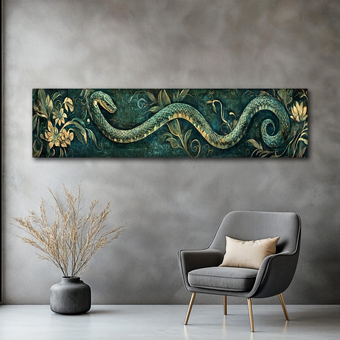 Emerald Green Snake Gold Botanical Flowers Panoramic Wall Art Poster - Image 2