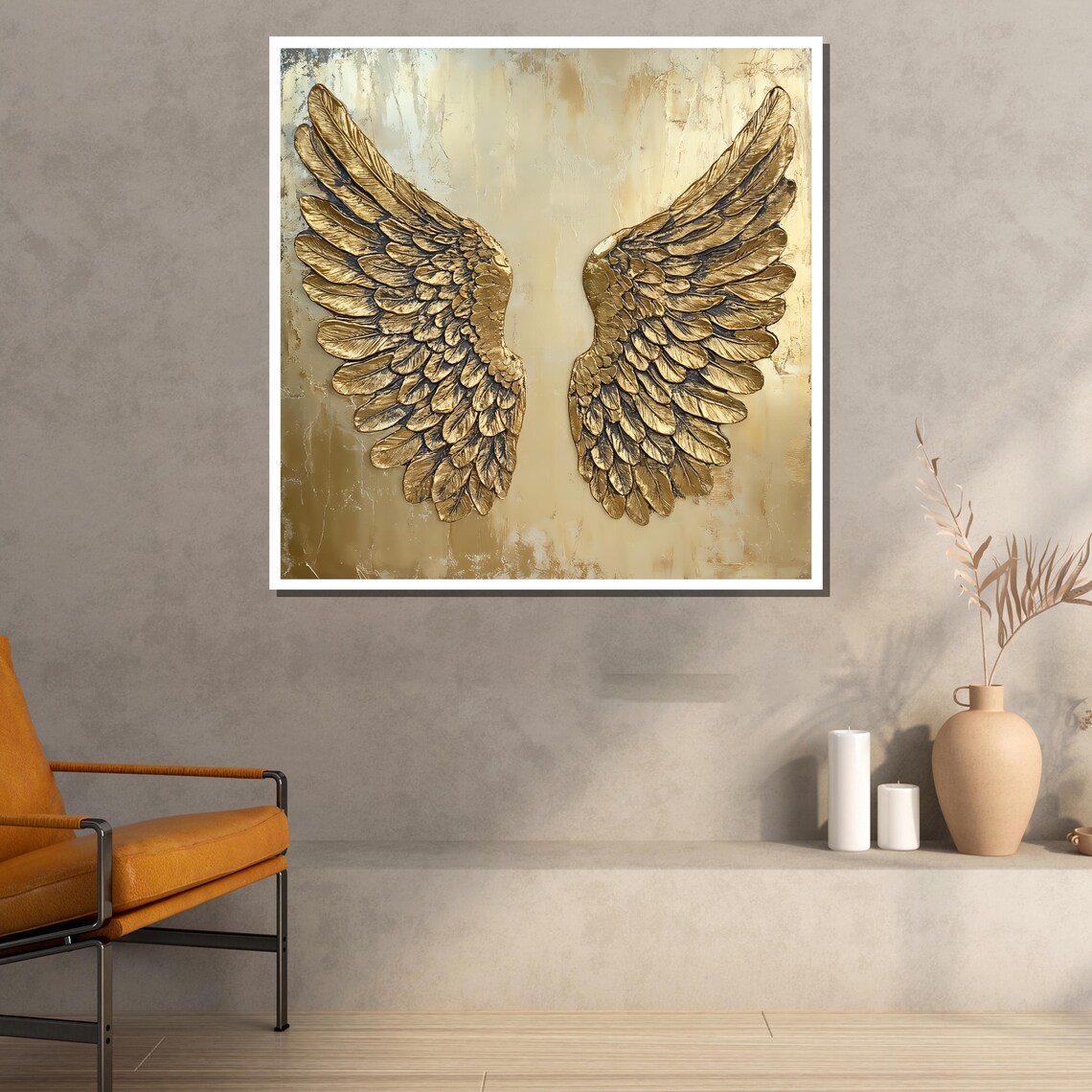 Golden Angel Wings Sculptural Relief Painting Luxury Metallic Wall Art Poster - Image 2