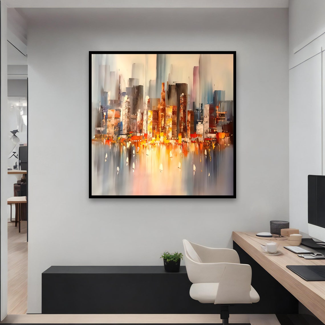 Abstract Cityscape Soft Neutral Tones Skyline Reflection Art Print - Image 3