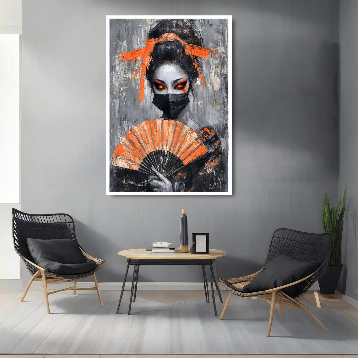Masked Geisha Orange Fan Dark Gothic Japanese Beauty Art Poster - Image 2