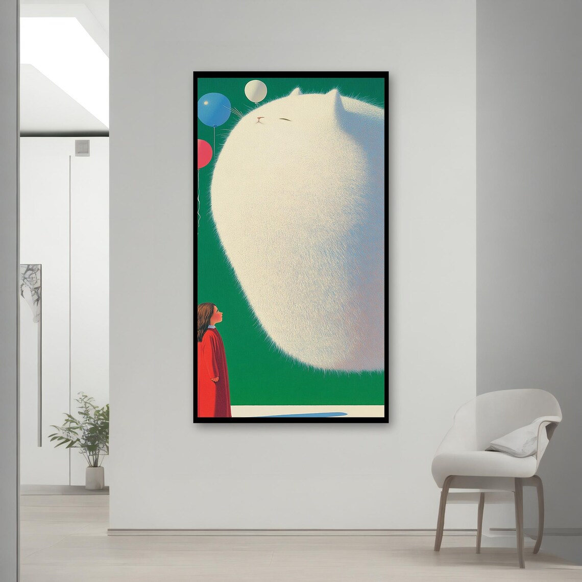 Giant Fluffy White Cat With Girl And Balloons Whimsical Surreal Art Poster - Image 2