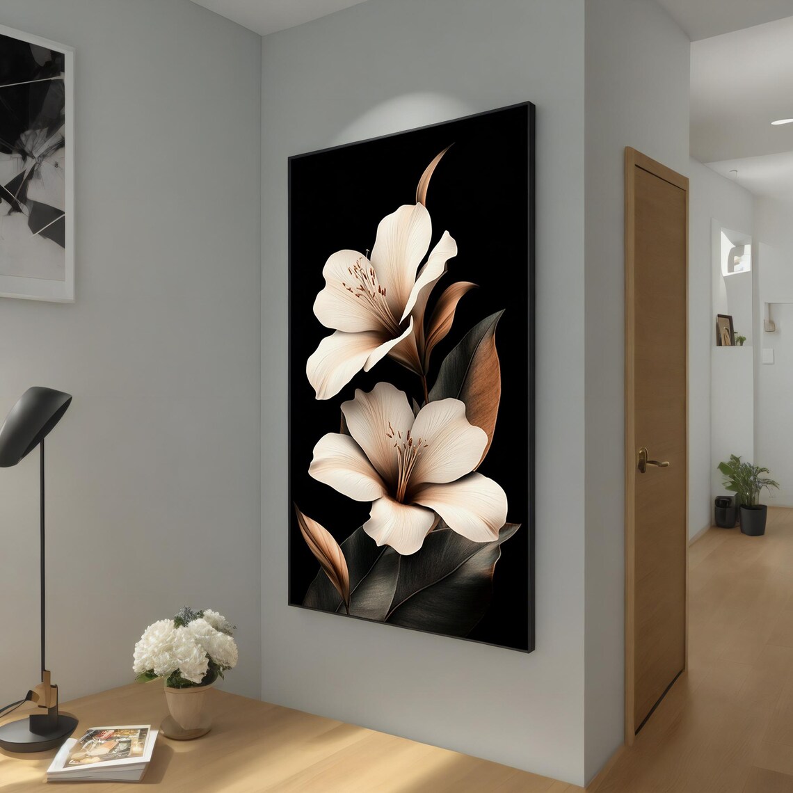 Elegant Beige Flowers On Black Minimalist Botanical Floral Art Poster