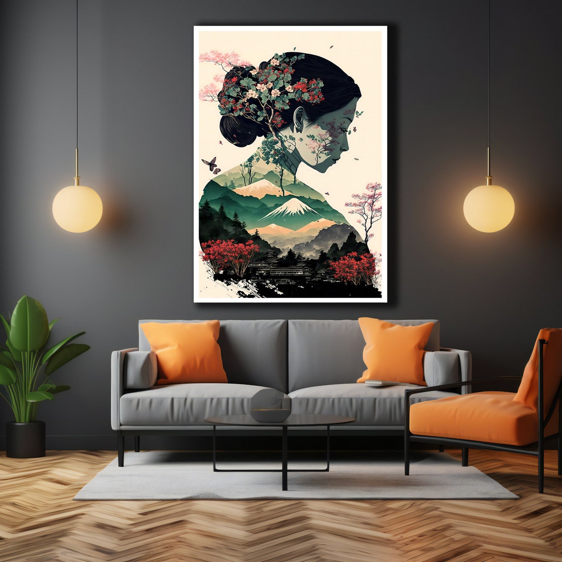Woman Profile Silhouette Mount Fuji Pagoda Cherry Blossom Art Poster - Image 3