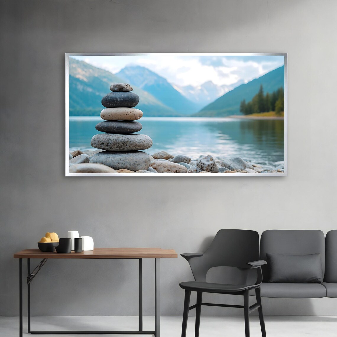 Zen Stone Cairn by Calm Mountain Lake Nature Photography Wall Art Poster - Image 3