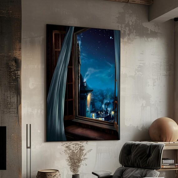 Open Window Night View Starry Sky Old Town Rooftops Travel Poster
