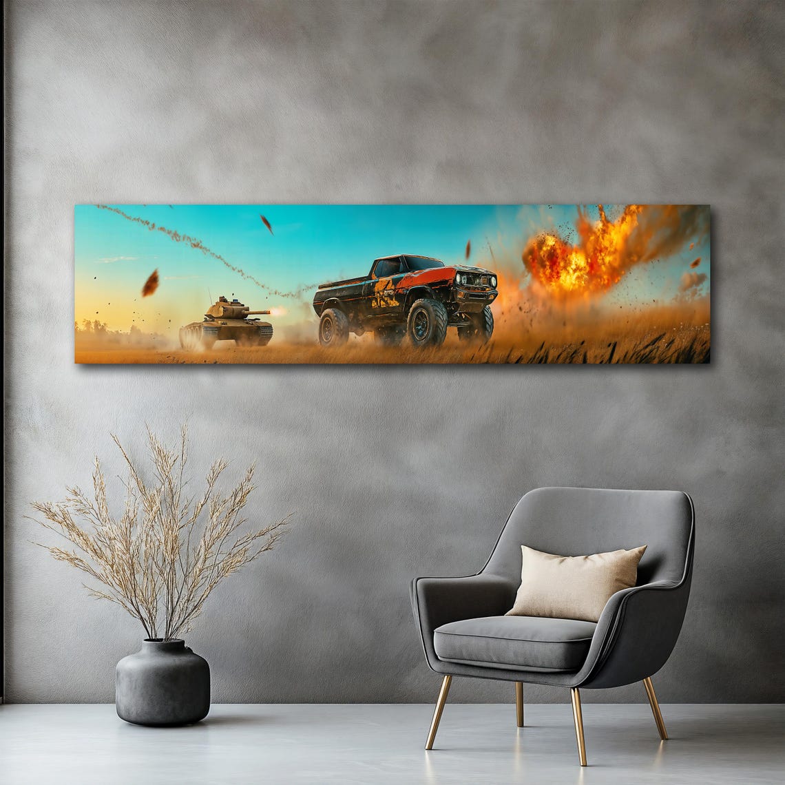 Racing Truck Tank Explosion Panoramic Action Scene Wall Poster - Image 2