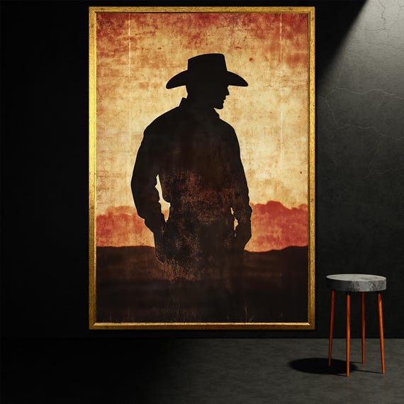 Cowboy Painting Western Wall Art Rustic Silhouette Print Vintage Style Home Decor Gift For Him Large Country Artwork
