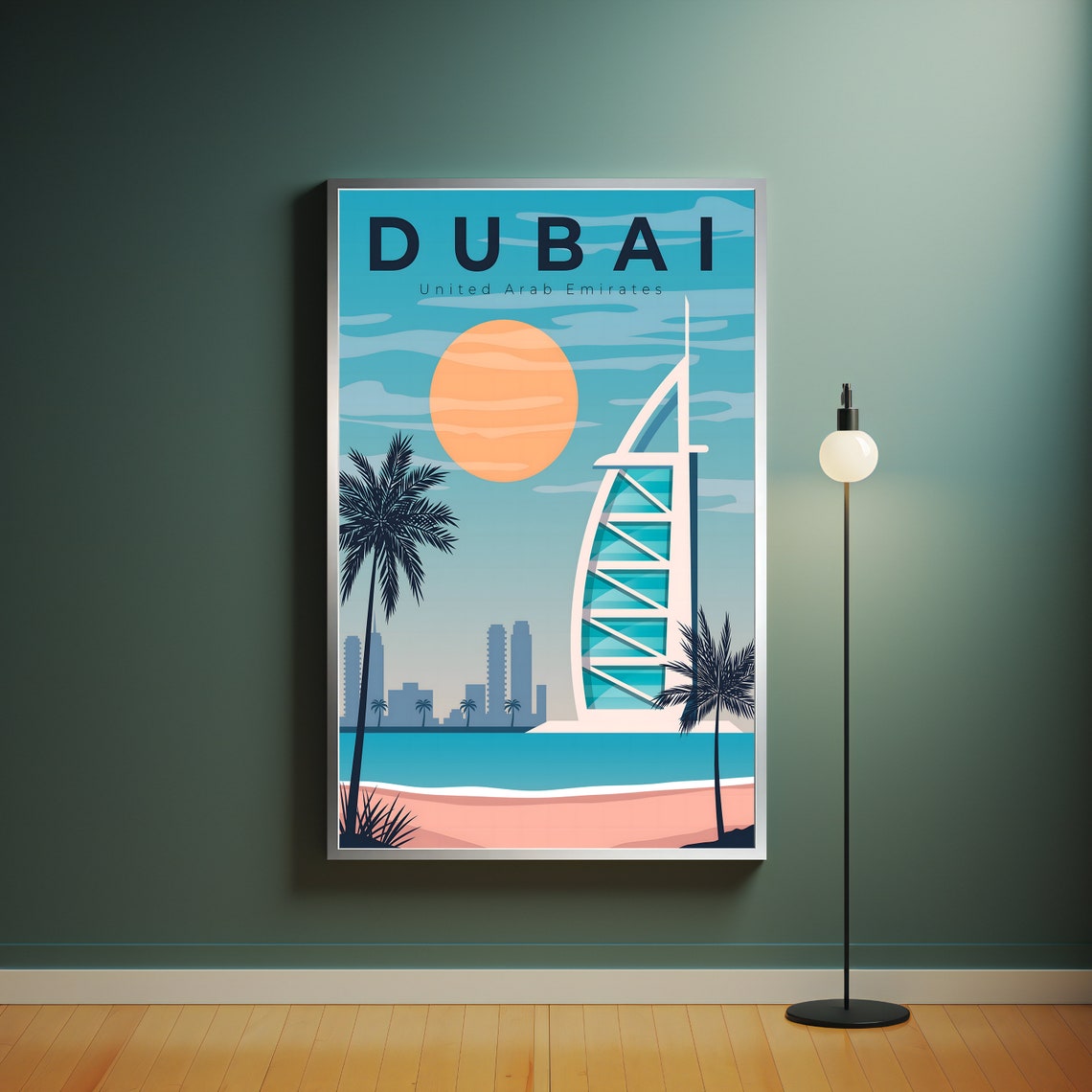 Dubai UAE Burj Al Arab Beach Palm Trees Retro Sunset Travel Poster - Image 4