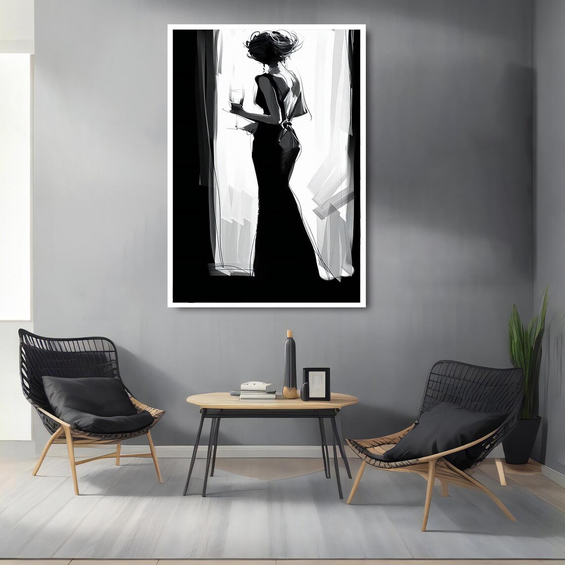 Black And White Elegant Woman Silhouette In Gown Fashion Wall Art Poster - Image 2