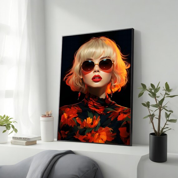 Blonde Woman Round Sunglasses Red Floral Top Neon Fashion Portrait Poster
