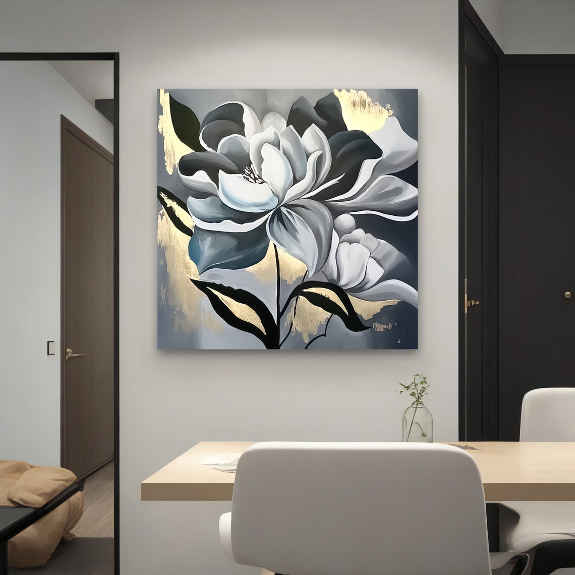 Black And White Floral Gold Accent Magnolia Painting Wall Art - Image 4