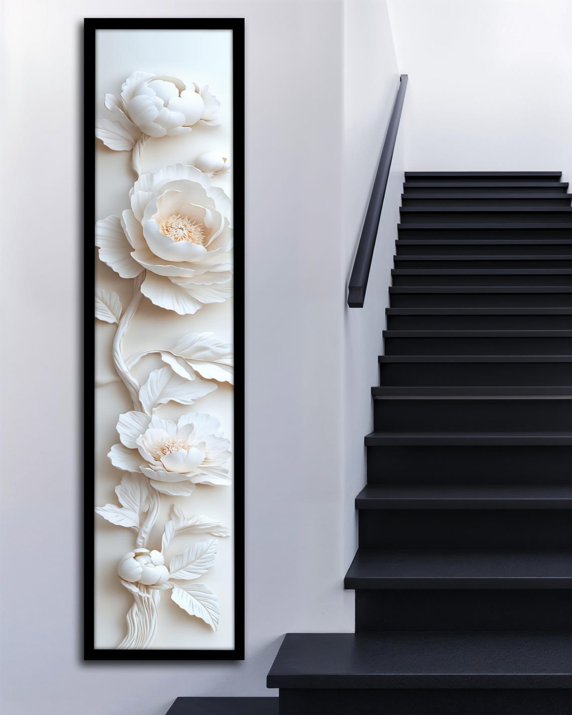 White Peony 3D Relief Flower Blossom Elegant Vertical Wall Art Poster - Image 3