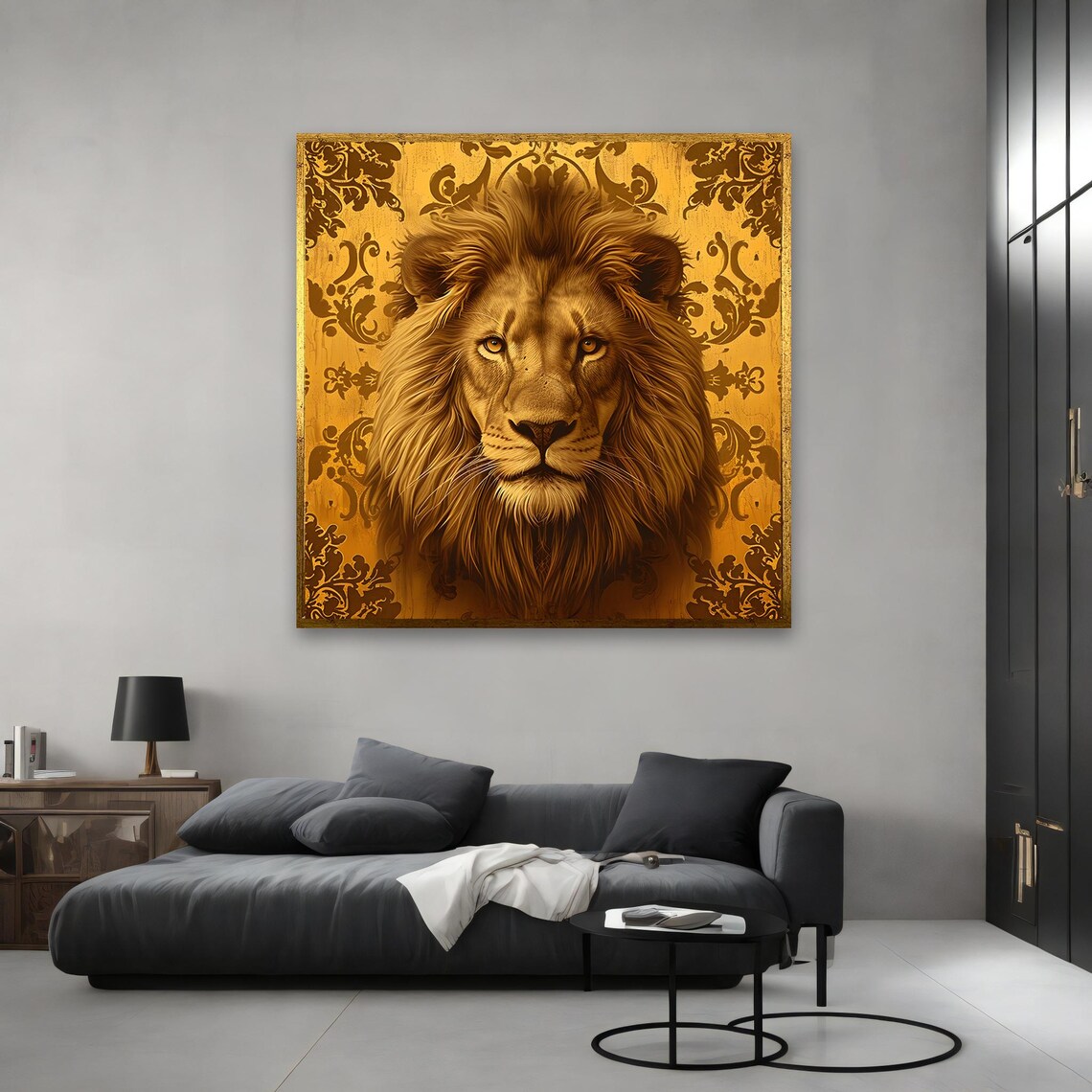 Golden Lion Portrait Ornate Damask Background Regal Wildlife Art Poster - Image 3
