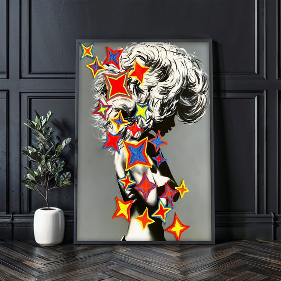 Vibrant Pop Art Silhouette With Colorful Stars Modern Wall Art Ready To Hang Interior Design Decoration Gift Idea