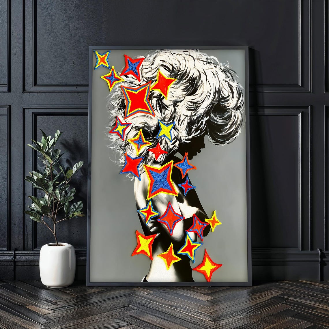 Pop Art Woman Silhouette With Colorful Stars Retro Modern Wall Art
