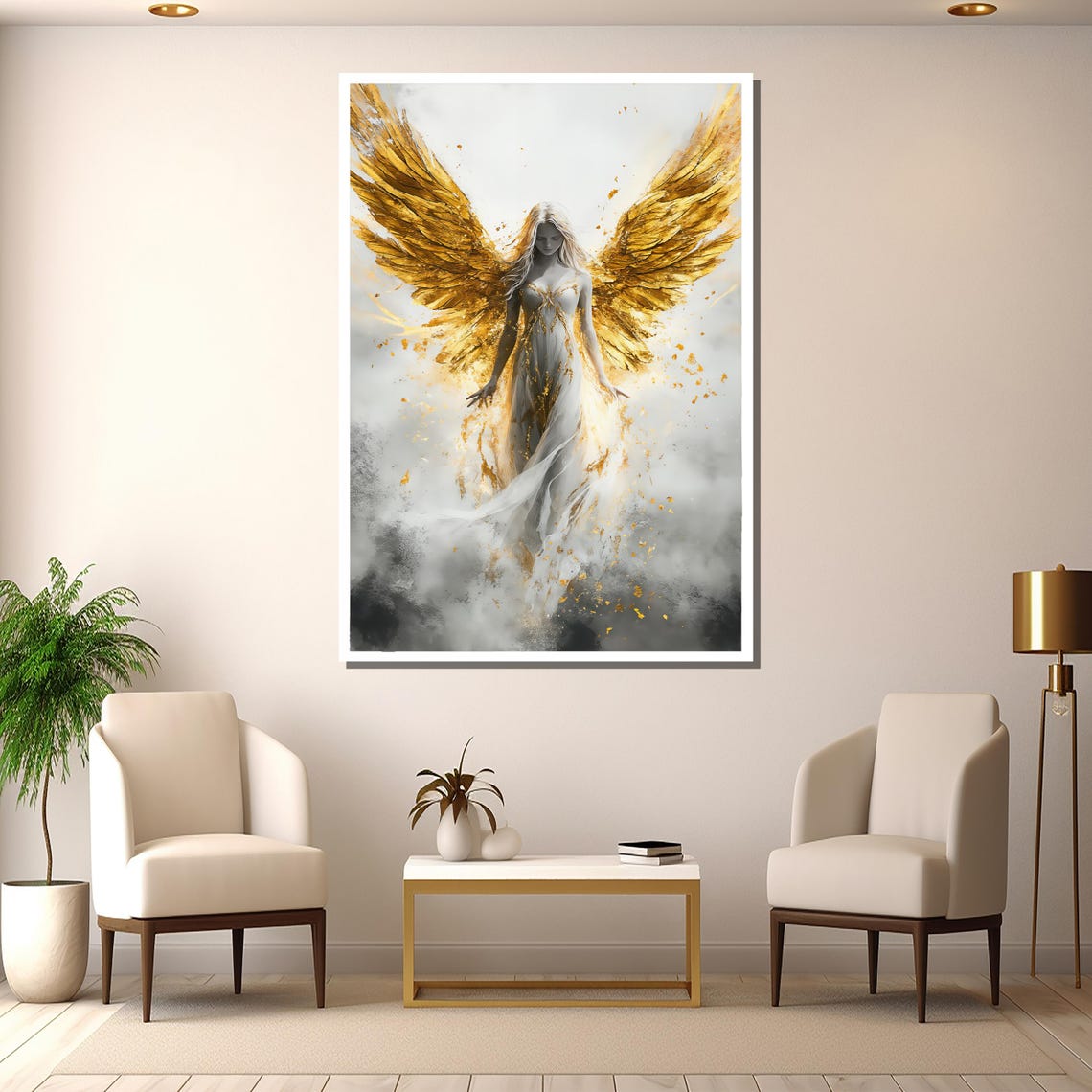 Golden Angel Painting Guardian Angel Wall Art Gold Wings Angel Artwork Luxury Angelic Decor Spiritual Gift For Home - Image 2