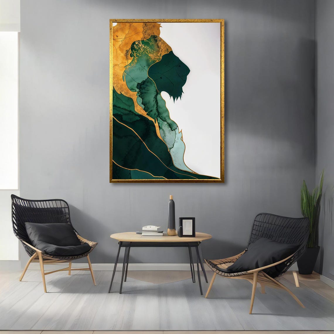 Lion Silhouette Green Gold Marble Ink Abstract Wildlife Poster - Image 3