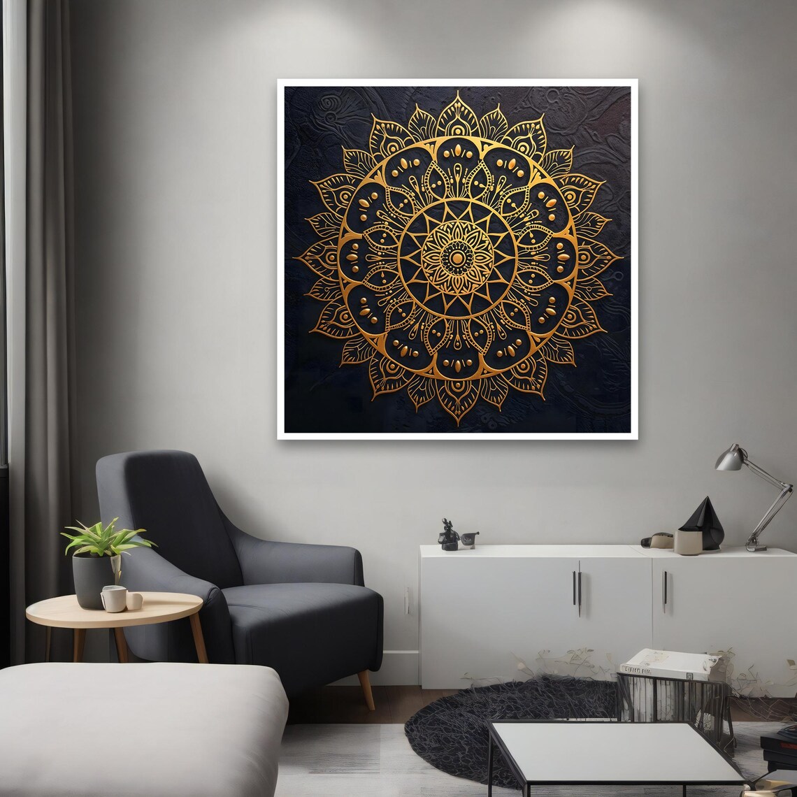 Bold Gold Ornate Mandala Black Textured Background Luxury Zen Wall Poster - Image 2