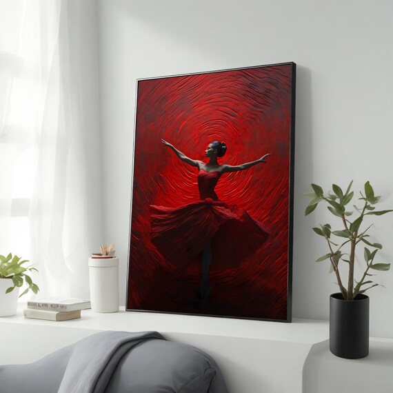 Ballet Dancer In Red Dress Spinning On Swirling Red Vortex Art Poster
