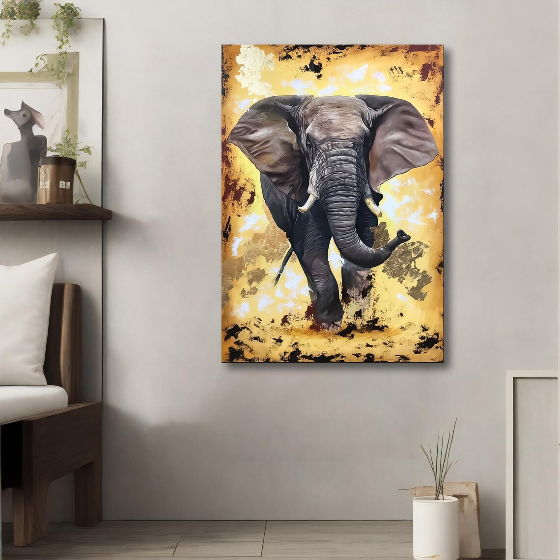 African Elephant Charging Golden Savanna Background Wildlife Art Poster - Image 4