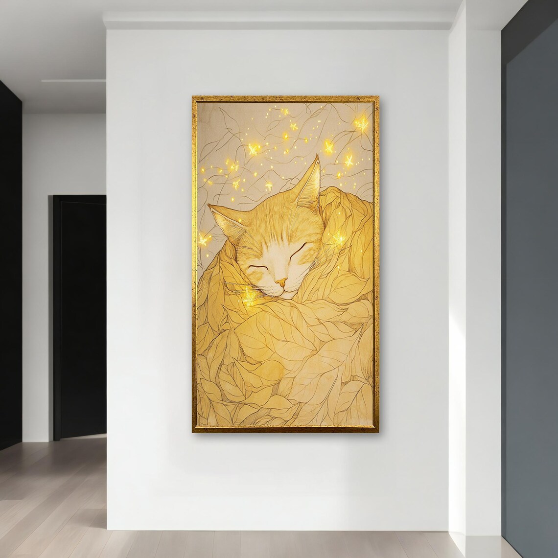 Golden Cat Sleeping Wrapped in Autumn Leaves Dreamy Art Poster - Image 3