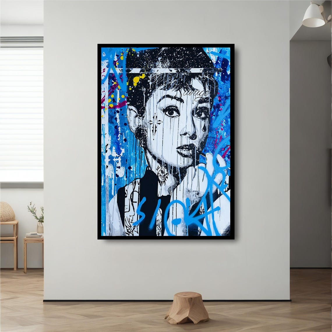 Audrey Hepburn Graffiti Street Art Blue Urban Portrait Wall Art - Image 2