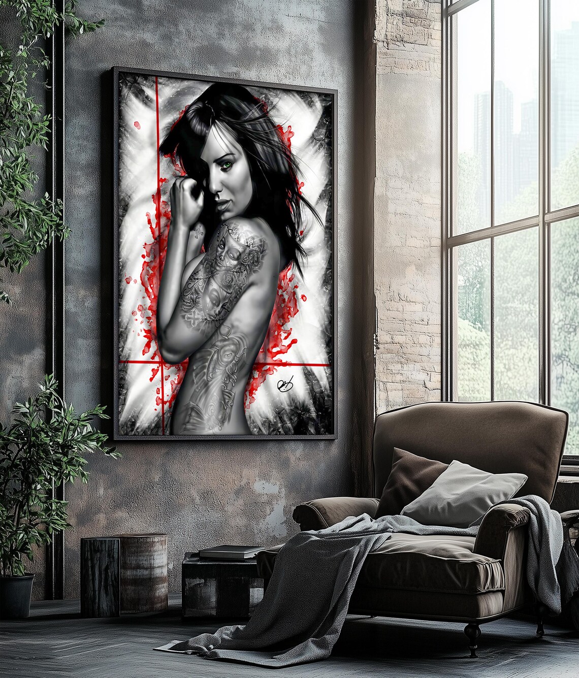 Tattooed Woman Portrait Black And White With Red Splash Art Print Poster